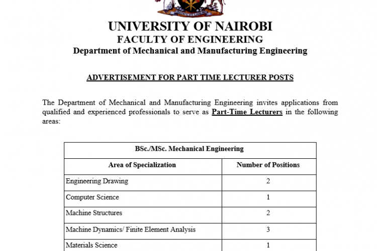 ADVERT FOR PART TIME LECTURER
