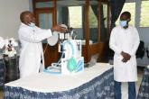 Dept. of Mechanical and Manufaturing Engineering lecturer Dr. Ernest Odhiambo demonstrating the working of the ventilator